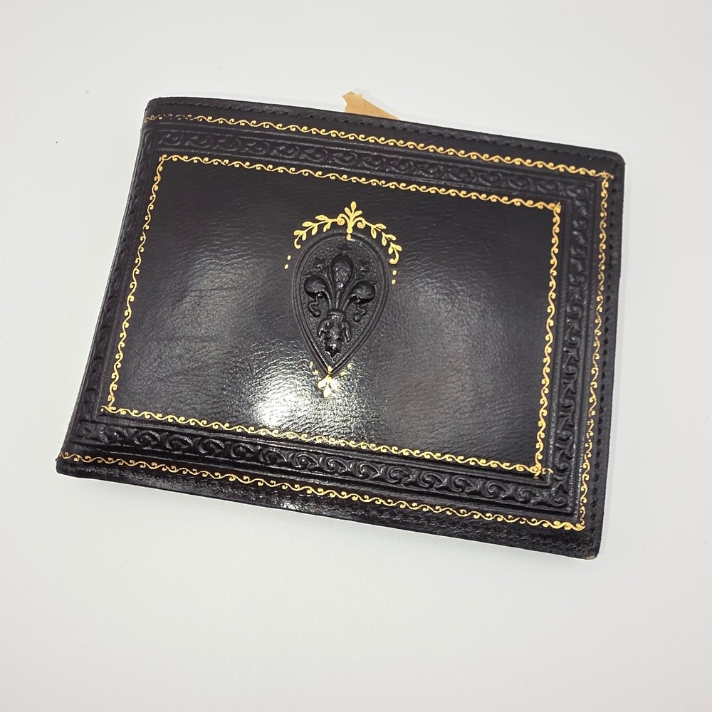 Vintage Black Gold Tooled Leather Fleur-de-lis Bifold Wallet Medieval Style Men